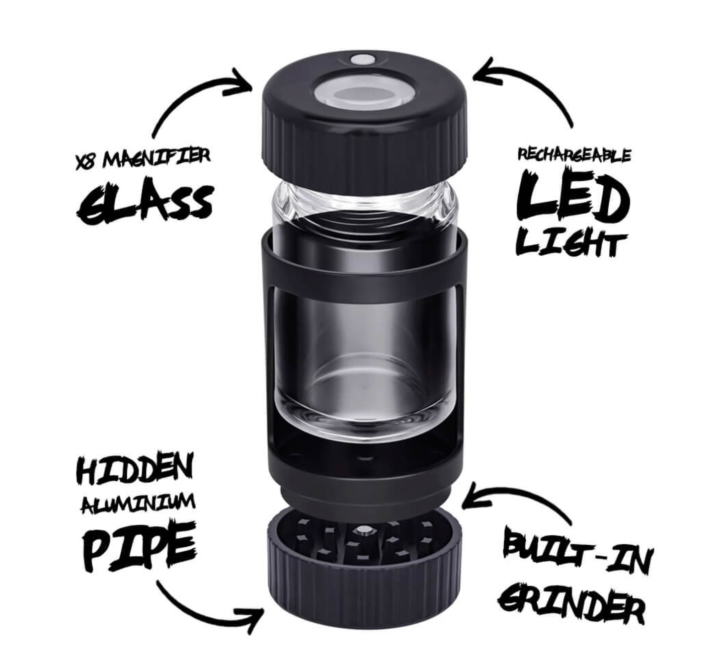 Container Stockage BUDS - Verre Lumière LED + Grinder Et Pipe